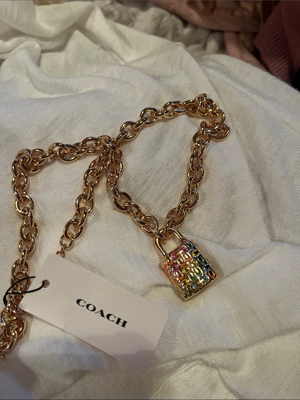 Coach Gold-Tone Chain Necklace with Multicolor Padlock Charm